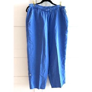 FLAX Womens Linen Pants Capri M Roll Up Blue Periwinkle Casual Lagenlook Coastal